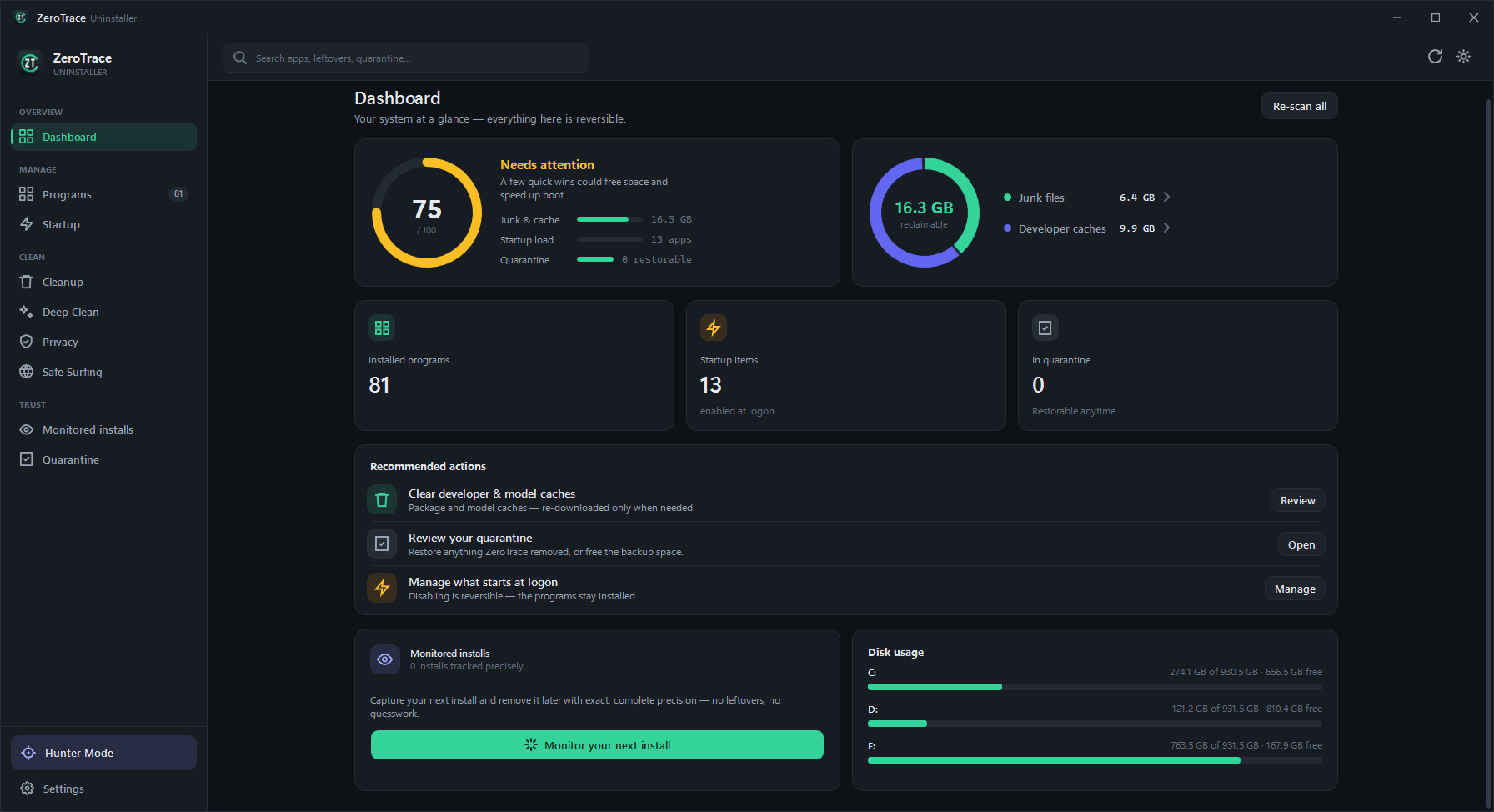 ZeroTrace Dashboard — system health score, reclaimable space, installed programs, startup items and quarantine at a glance, with recommended cleanup actions and disk usage.
