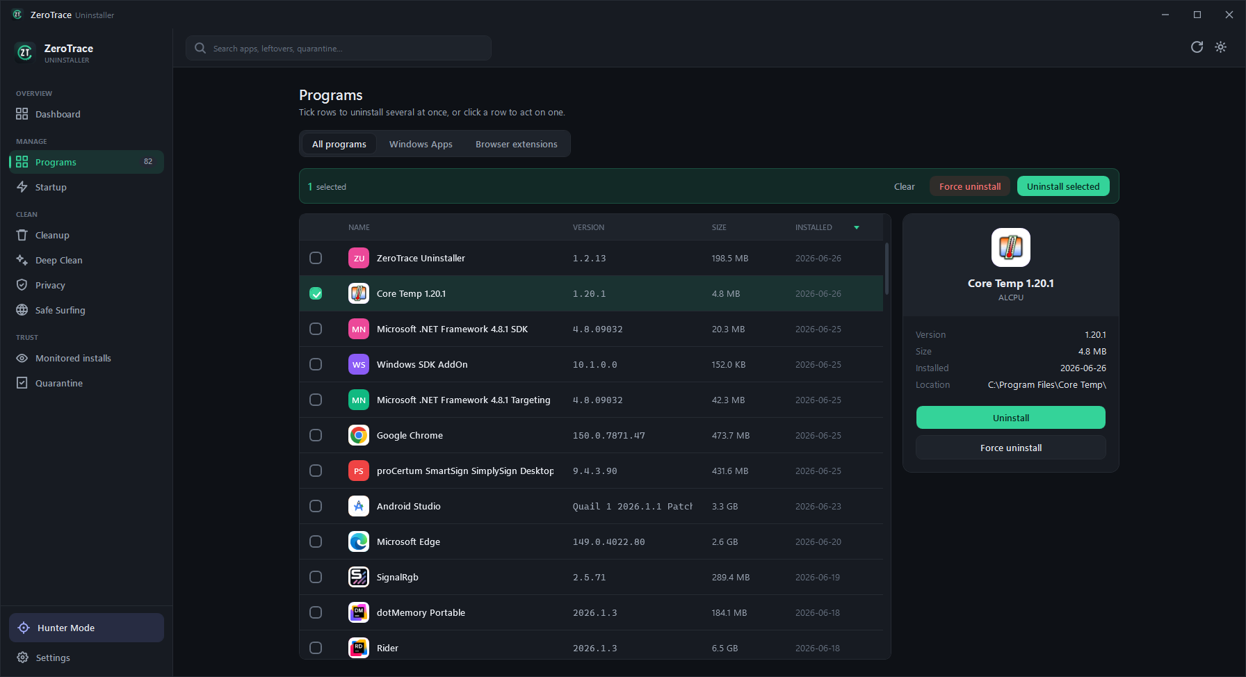 ZeroTrace Programs list — installed apps with version, size and install date, batch selection, and an app detail panel with Uninstall and Force uninstall actions.